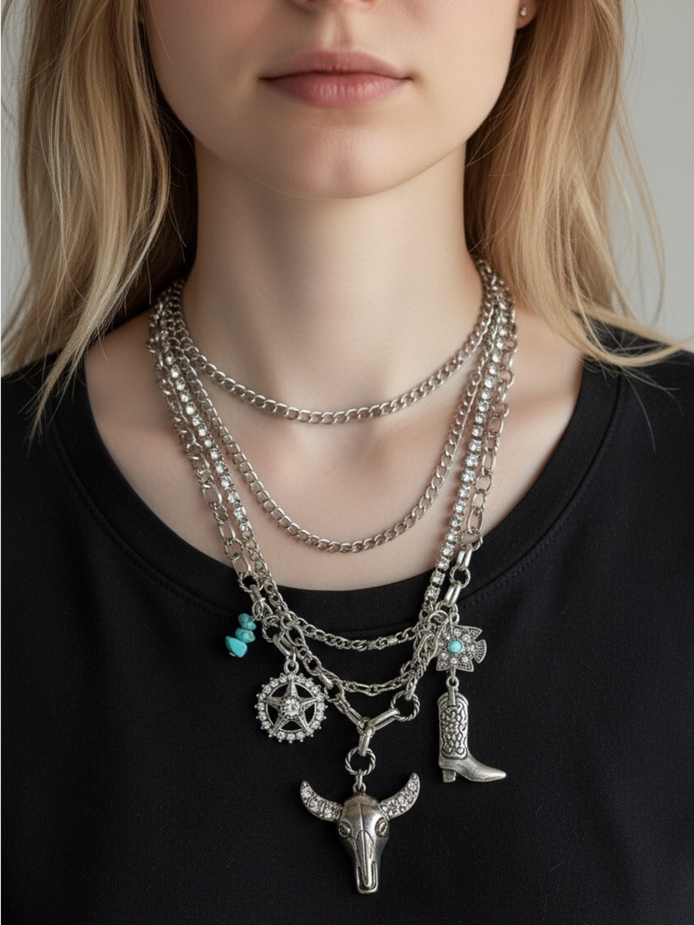 9/11 Layered Silver Cow Skull Charm Necklace with Turquoise Accents
